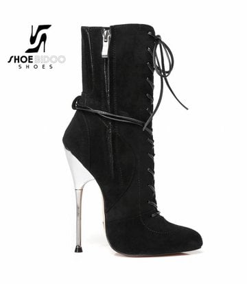Giaro Black suede ankle boots with ultra high silver metal heels and lacing