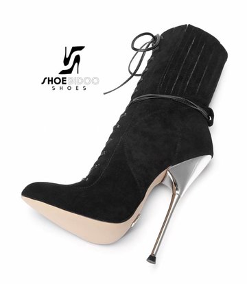 Giaro Black suede ankle boots with ultra high silver metal heels and lacing