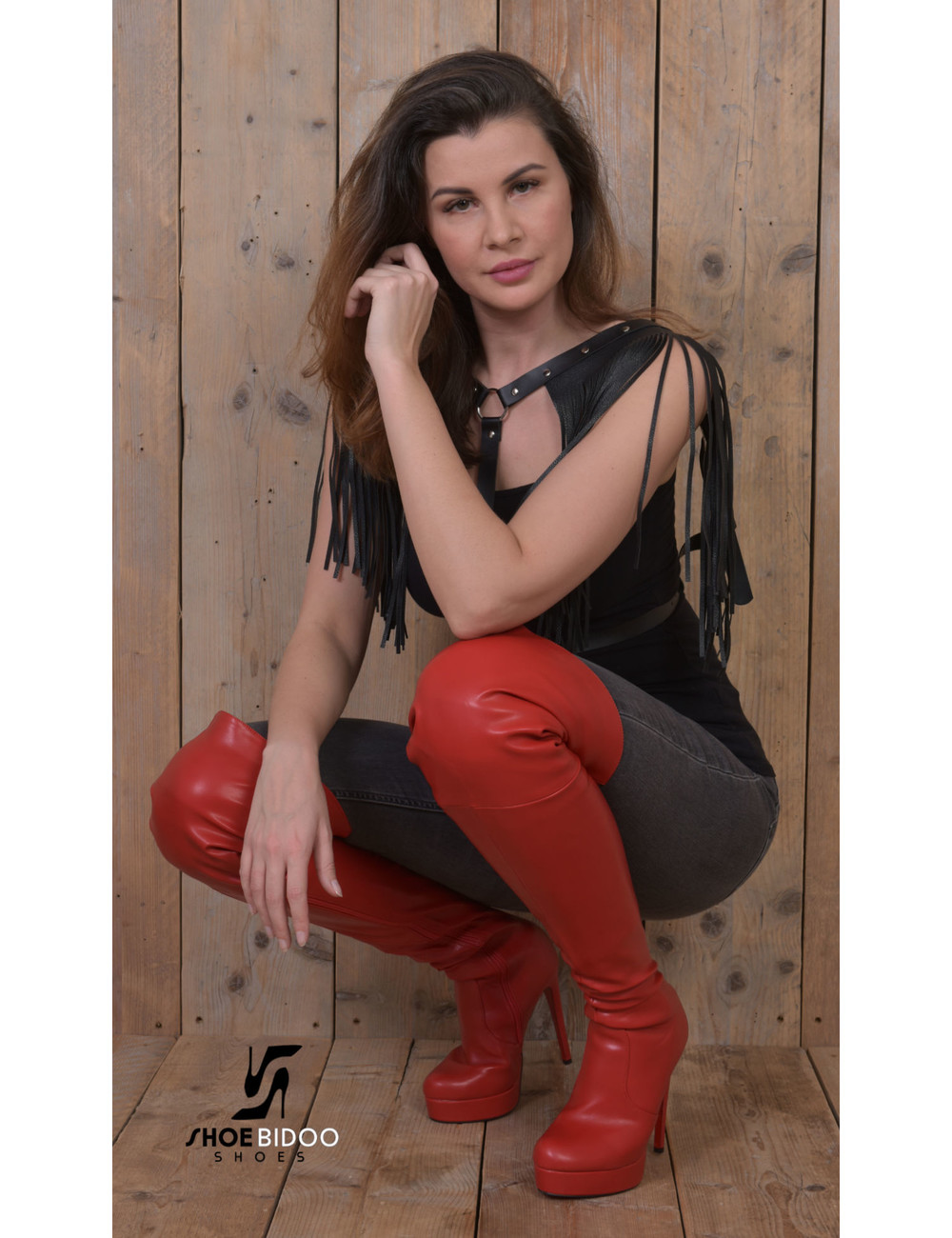 Jumex Vegan Red thigh boots with ultra high heels and platform