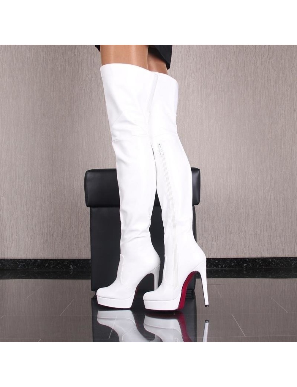 Jumex Vegan White thigh boots with ultra high heels and platform