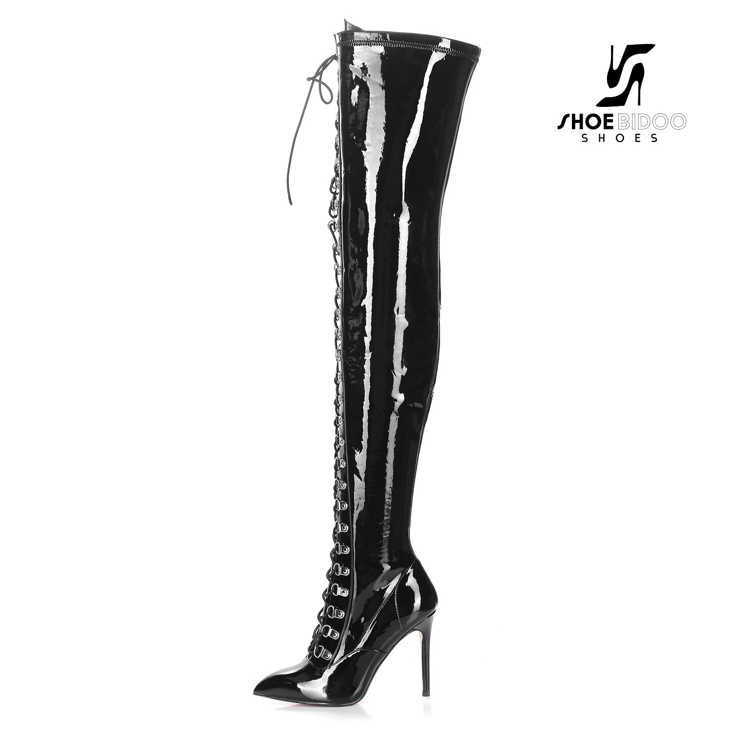 Black leather thigh high heel boots hot sale