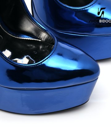 SLICK Blue liquid shiny Giaro SLICK ESCALA platform pumps with silver heels