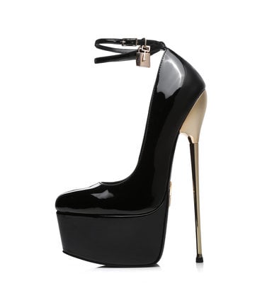Black Shiny ESSENCE Giaro SLICK platform pumps with lock & ankle strap -  Giaro High Heels | Official store - All Vegan High Heels