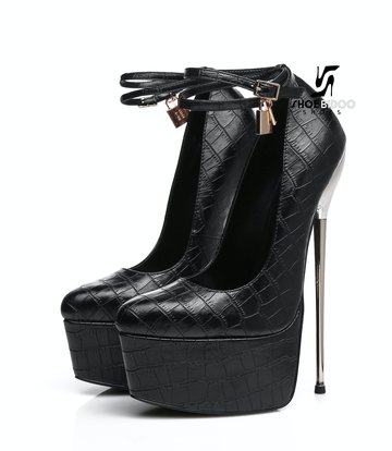 SLICK Black crocodile ESSENCE Giaro SLICK platform pumps with locking ankle strap