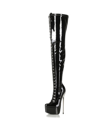 SLICK Black platform patent thigh boots with ultra high gold metal heels