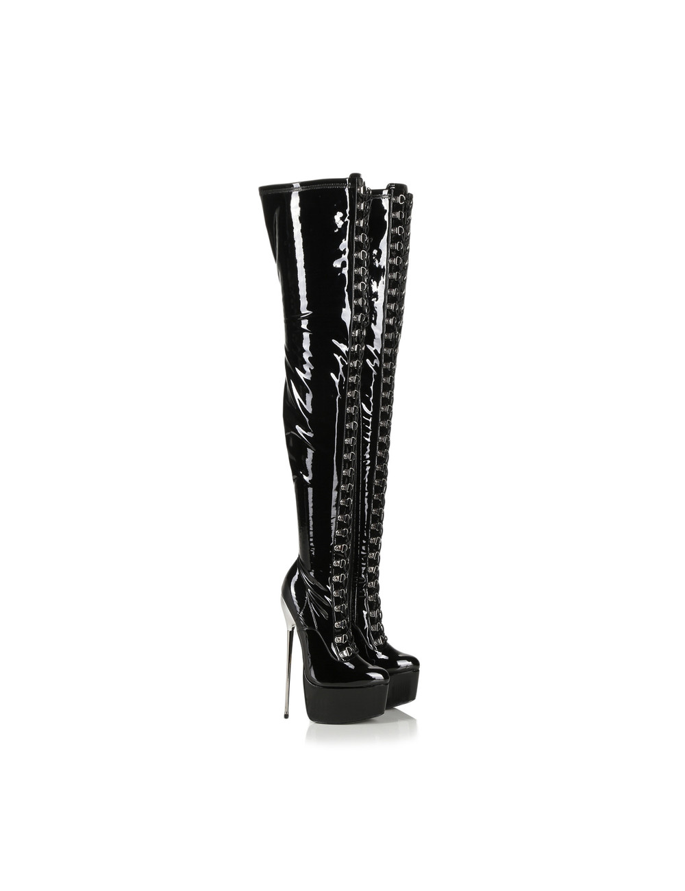 SLICK Black platform patent thigh boots with ultra high gold metal heels