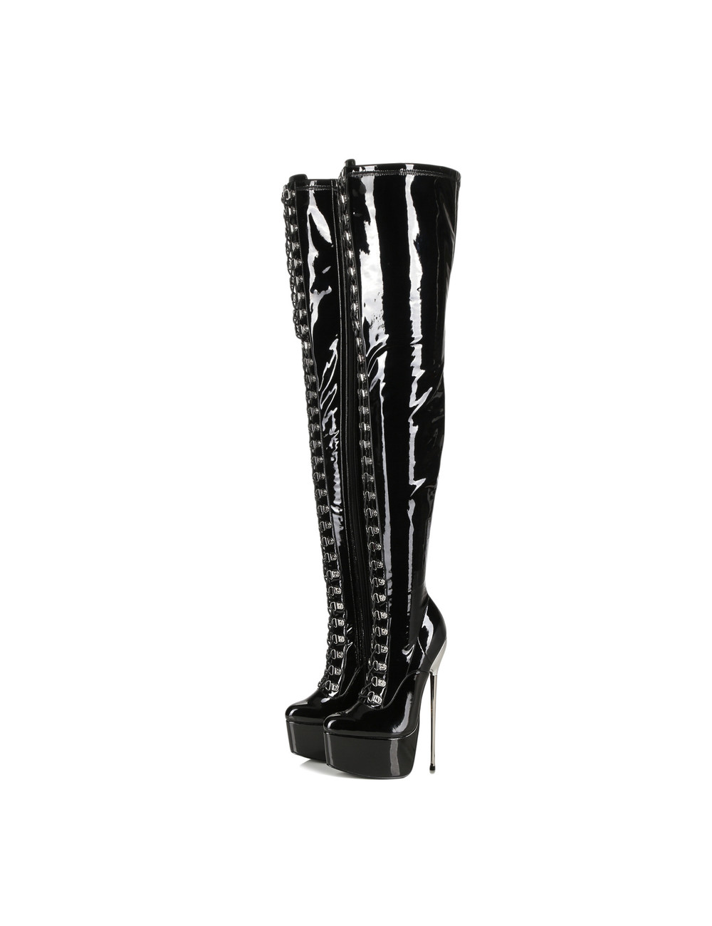 SLICK Black platform patent thigh boots with ultra high gold metal heels