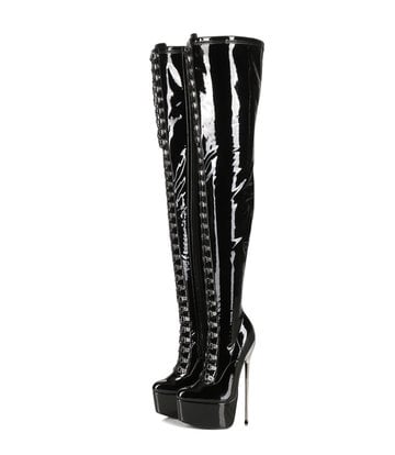 SLICK Black platform patent thigh boots with ultra high gold metal heels