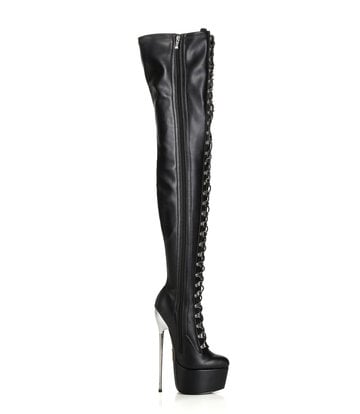 SLICK Black platform patent thigh boots with ultra high gold metal heels