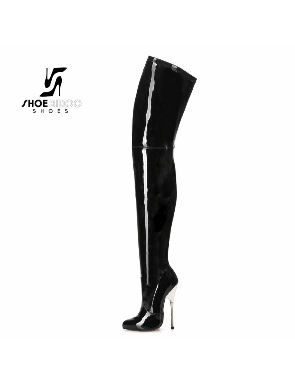 Giaro Black patent thigh boots with ultra high silver metal heels