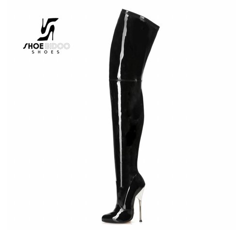 Giaro BIGGER | BLACK SHINY | SILVER METAL HEEL THIGH BOOTS