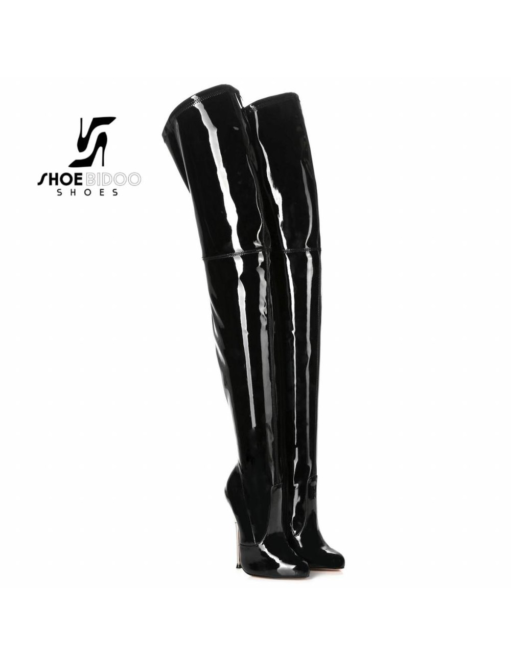 Giaro Black patent thigh boots with ultra high silver metal heels