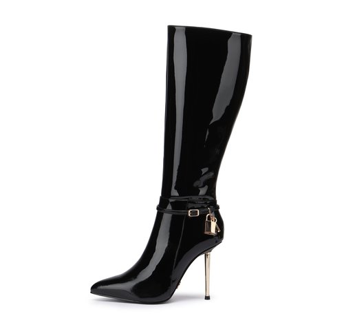 LEANDRA BLACK SHINY KNEE BOOTS