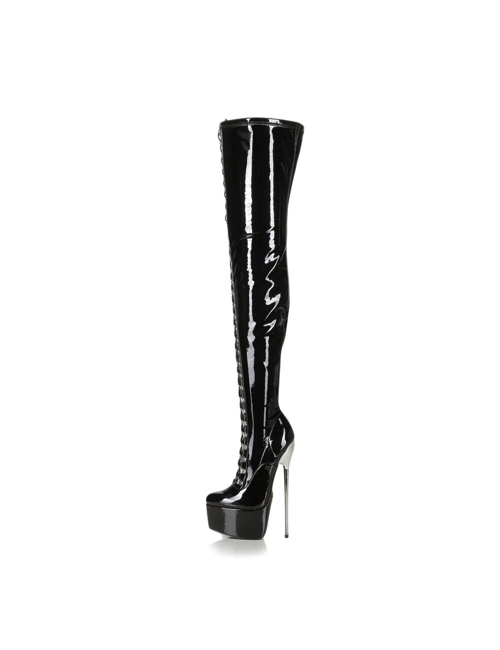 SLICK Black platform patent thigh boots with ultra high gold metal heels