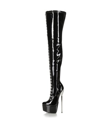 SLICK Black platform patent thigh boots with ultra high gold metal heels