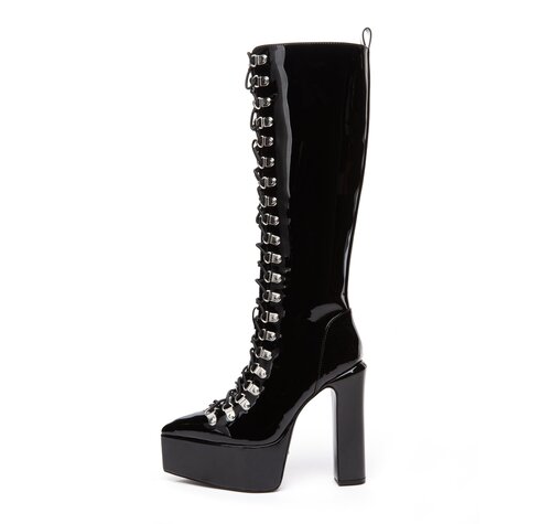 STRAGAZER | BLACK SHINY | LACED KNEE BOOTS