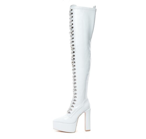 SECRETZ | WHITE SHINY | LACED THIGH BOOTS