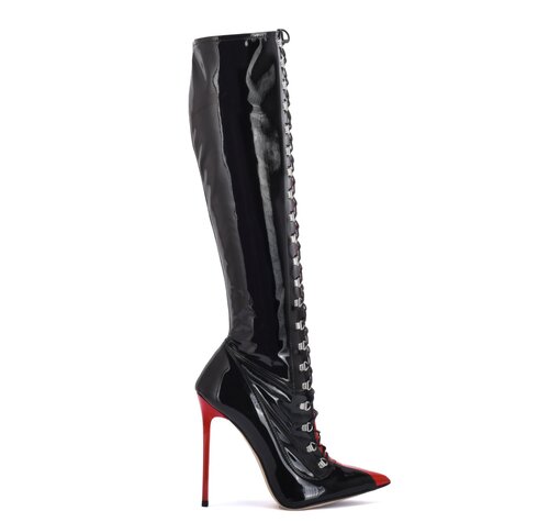 Sanctum Shoes IRIS LACE-UP KNEE BOOTS BLACK RED SHINY