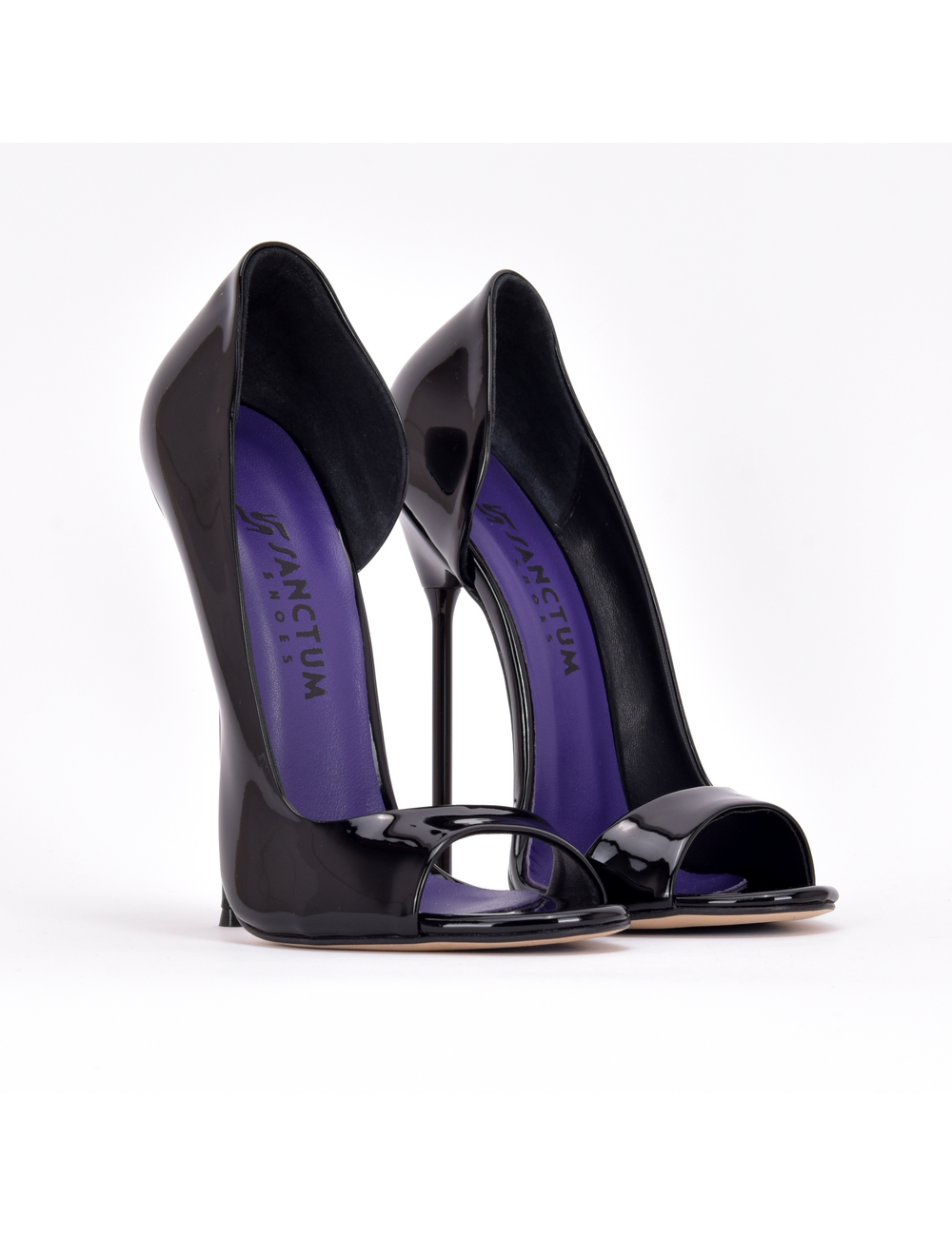 Sanctum Shoes Italian sandals MONICA black shiny with metal heels with purple inlay