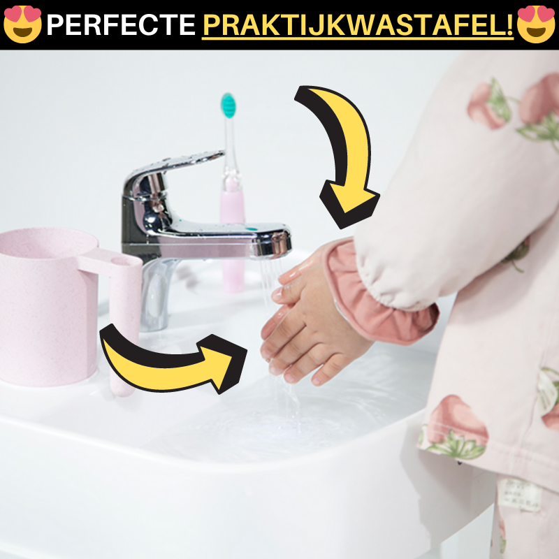 Geberit Bambini - Dubbele wastafel voor kinderen, 90x39 cm, links, zonder overloop, 2 kraangaten, alpine wit 502.973.00.1