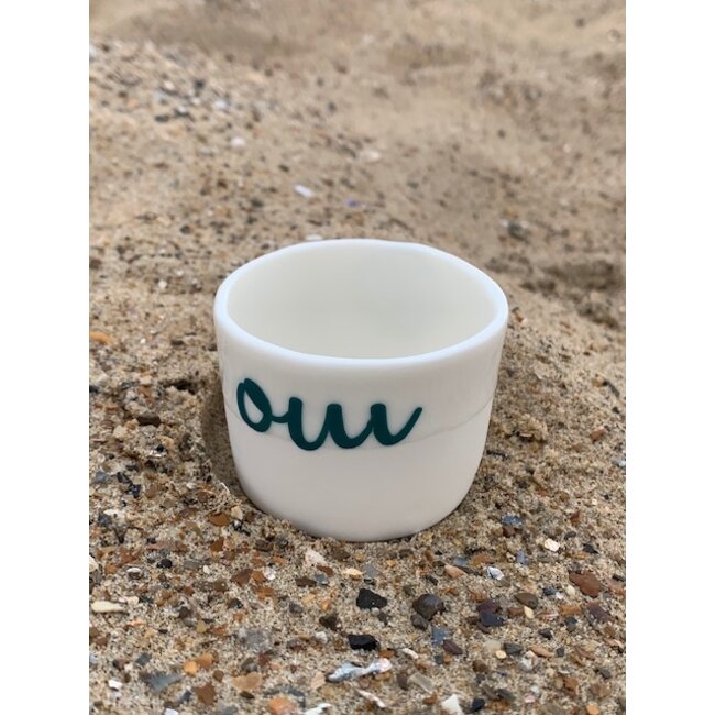 artisann "Oui, yes, ja" the strongest positive word, "You, Me, Toi, Moi"  friendship on a unique porcelain handmade thealight,  little pot