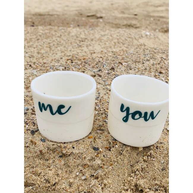 artisann "Oui, yes, ja" the strongest positive word, "You, Me, Toi, Moi"  friendship on a unique porcelain handmade thealight,  little pot