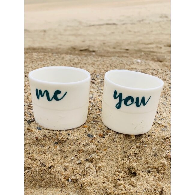 artisann "Oui, yes, ja" the strongest positive word, "You, Me, Toi, Moi"  friendship on a unique porcelain handmade thealight,  little pot