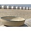 LS-design Bowl handmade in beige cast clay finished with a green, blue edge.