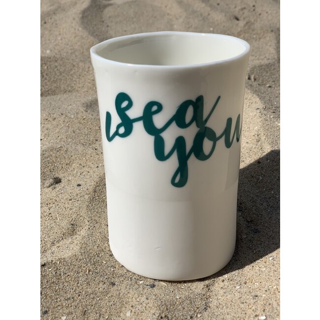 artisann "I Sea You" with a transfer baked on a porcelain handmade cup, drinking cup, vase