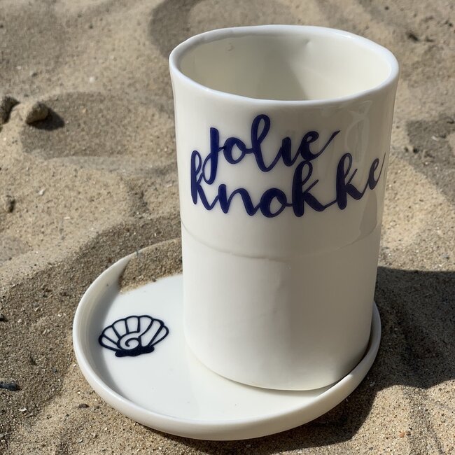 "Jolie Knokke" with a transfer baked on a porcelain handmade cup, drinking cup, vase