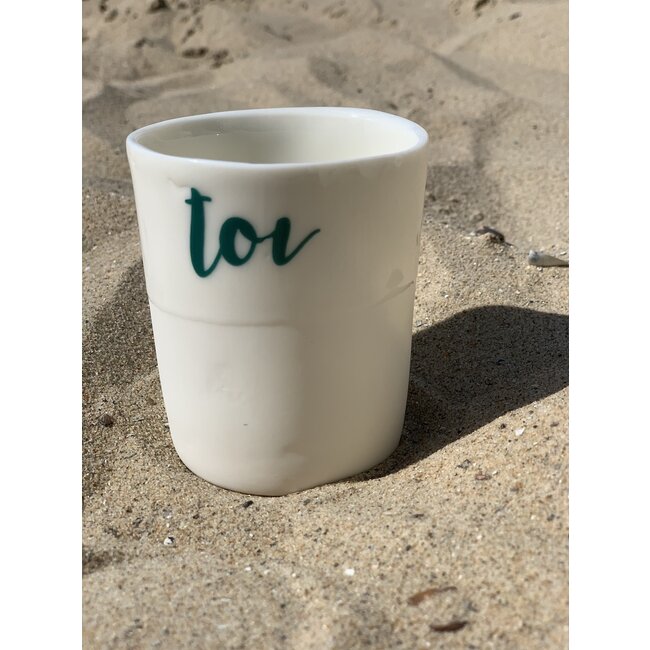 artisann "You Me Moi Toi " with a transfer baked on a porcelain handmade cup, drinking cup