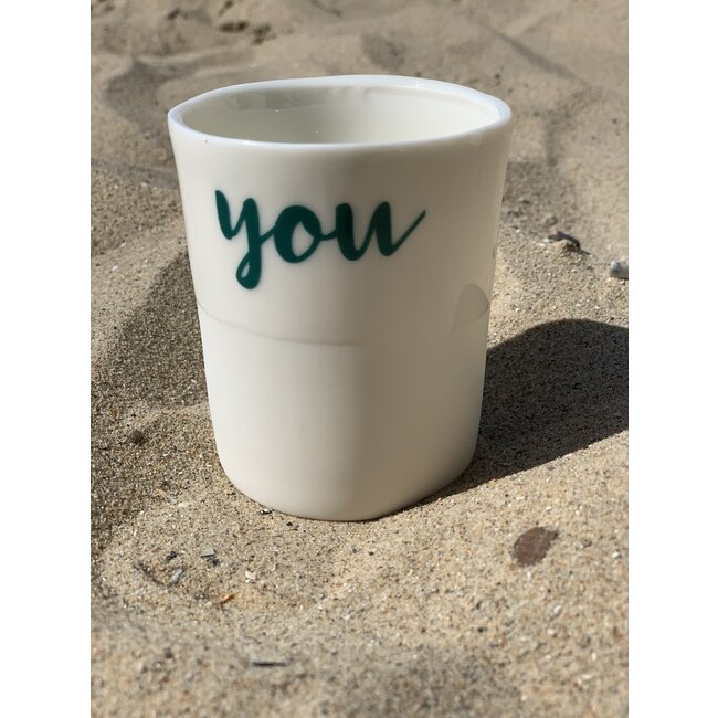 artisann "You Me Moi Toi " with a transfer baked on a porcelain handmade cup, drinking cup