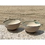 LS-design Bowl handmade in beige cast clay finished with a green, blue edge.