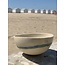 LS-design Bowl handmade in beige cast clay finished with a green, blue edge.