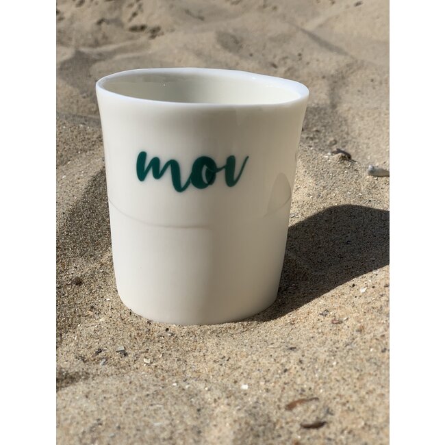 artisann "You Me Moi Toi " with a transfer baked on a porcelain handmade cup, drinking cup
