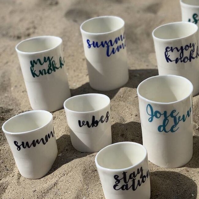 "Summer Vibes" with a transfer baked on a porcelain handmade cup, drinking cup