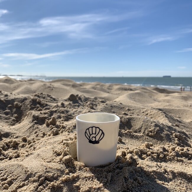 "Staycation" with a transfer baked on a porcelain handmade cup, drinking cup