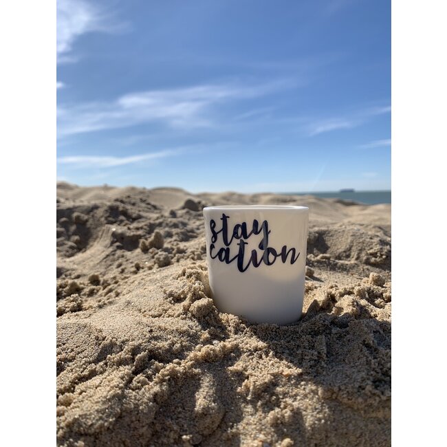 artisann "Staycation" with a transfer baked on a porcelain handmade cup, drinking cup