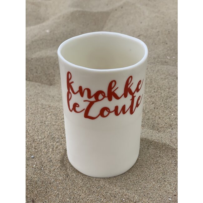 artisann "Knokke Le Zoute" with a transfer baked on a porcelain handmade cup, drinking cup, vase