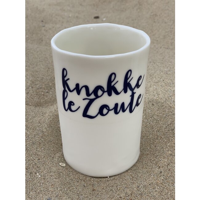 artisann "Knokke Le Zoute" with a transfer baked on a porcelain handmade cup, drinking cup, vase