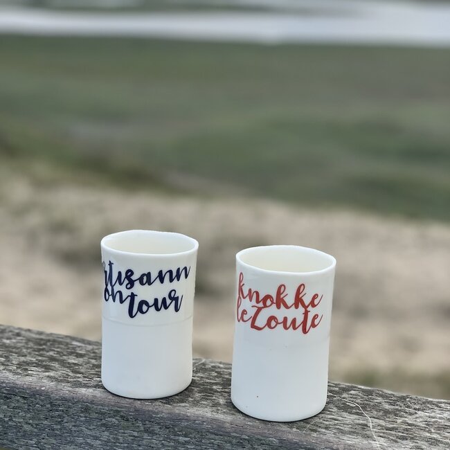 "Knokke Le Zoute" with a transfer baked on a porcelain handmade cup, drinking cup, vase