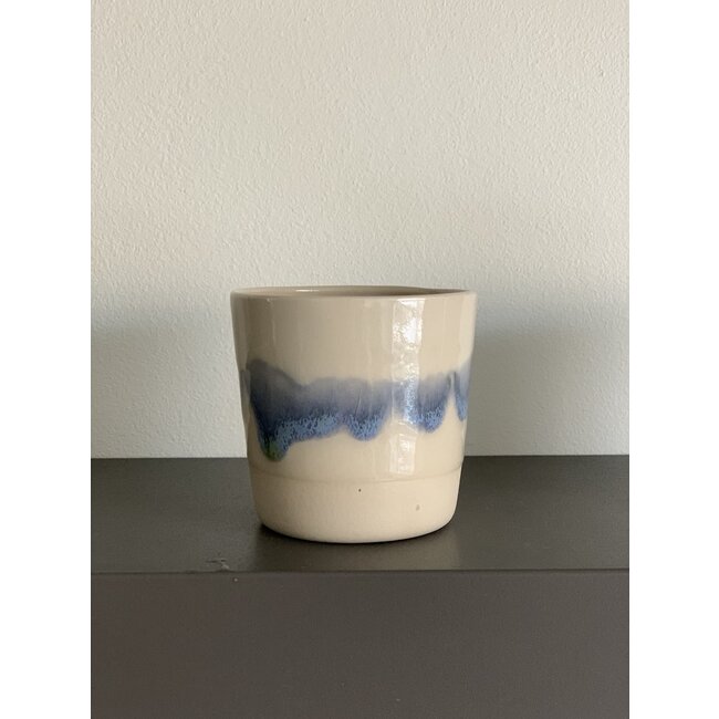 LS-design Ceramic handmade espresso cup of beige cast clay with a green and blue edge