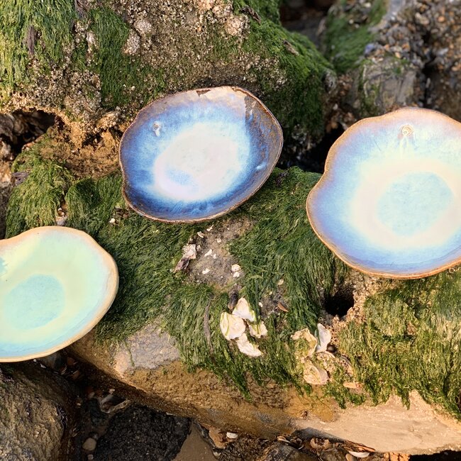 Assiette en céramique Amandine faite à la main en forme de coquillage en émaille sunset de "Chefs Artisann i-lign" pour un usage contemporain ainsi que pour la restauration.