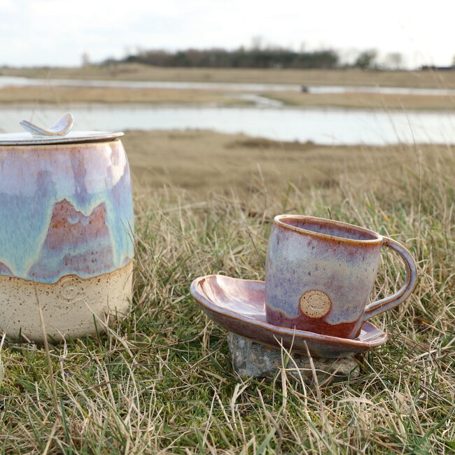 Hedendaagse, handgemaakte keramische pot met deksel "Sunrise"