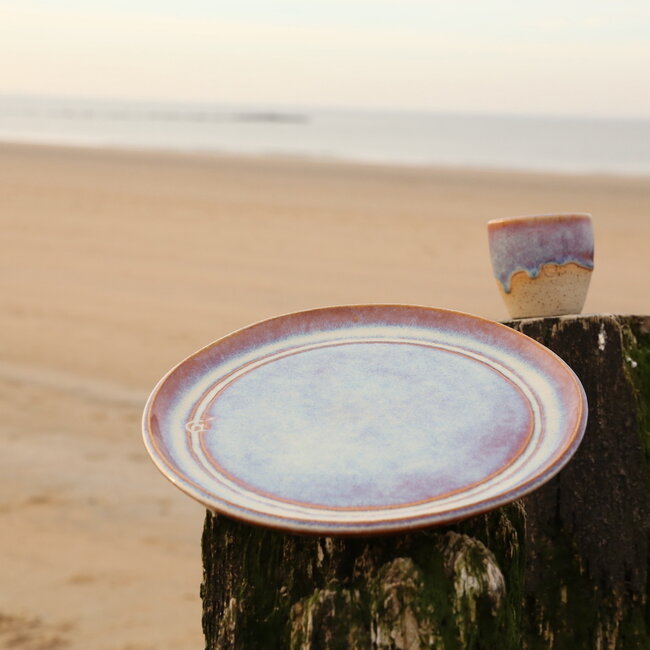 Handmade unique ceramic plate for main course, cheese, presentation in a  sunrise glaze finished