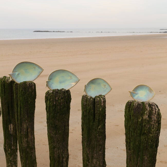 Groen keramisch schaaltje in de vorm van een vis. Origineel schaaltje voor aperitief hapjes, sushi, kaas en koekjes...