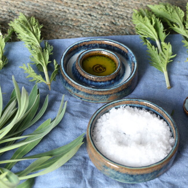 Handmade salt, pepper or tapas dish with the turntable, finished with my blue high-firing glaze.