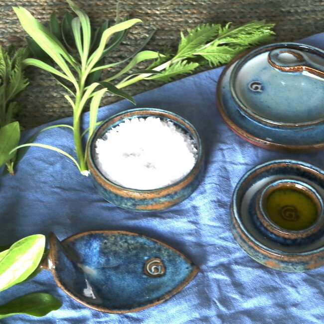 Handmade salt, pepper or tapas dish with the turntable, finished with my blue high-firing glaze.