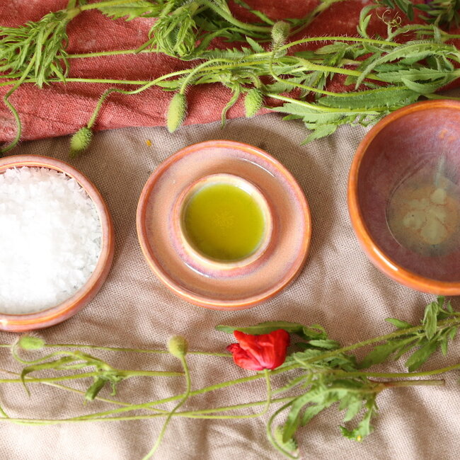 Handmade salt, pepper or tapas dish with the turntable, finished with my orange high-firing glaze.