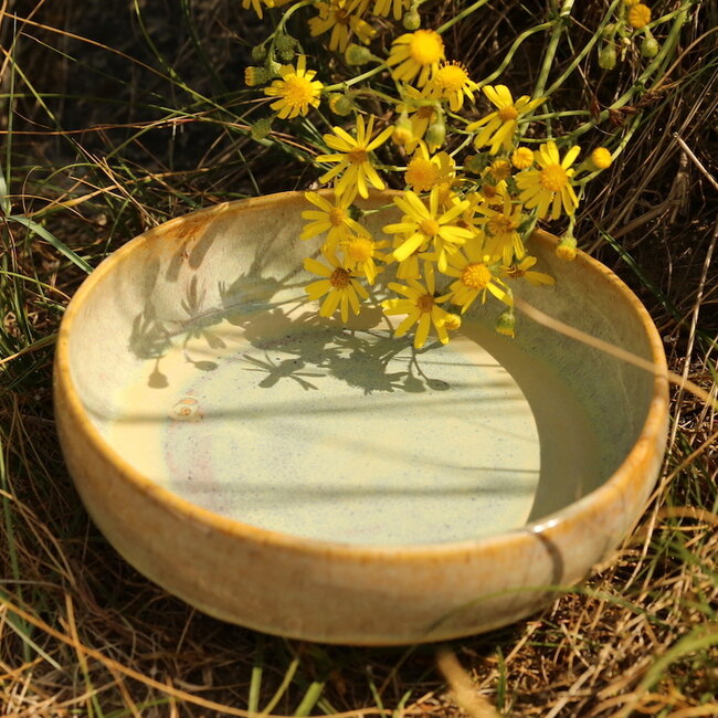 With the turntable handmade scale of Pyerite clay with a beautiful yellow, musterd high-firing glaze.